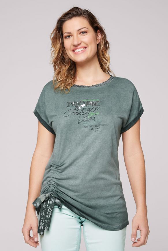 CAMP DAVID & SOCCX | T-Shirt mit Raffung und Pailletten-Artwork green leaf